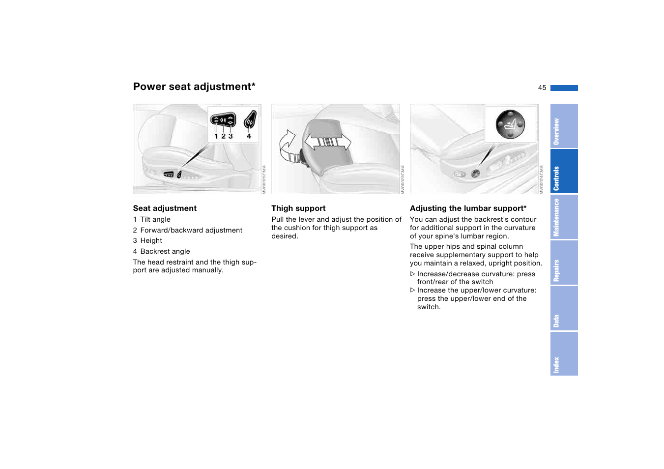 Power seat adjustment | BMW M3 Coupe 2004 User Manual | Page 45 / 170