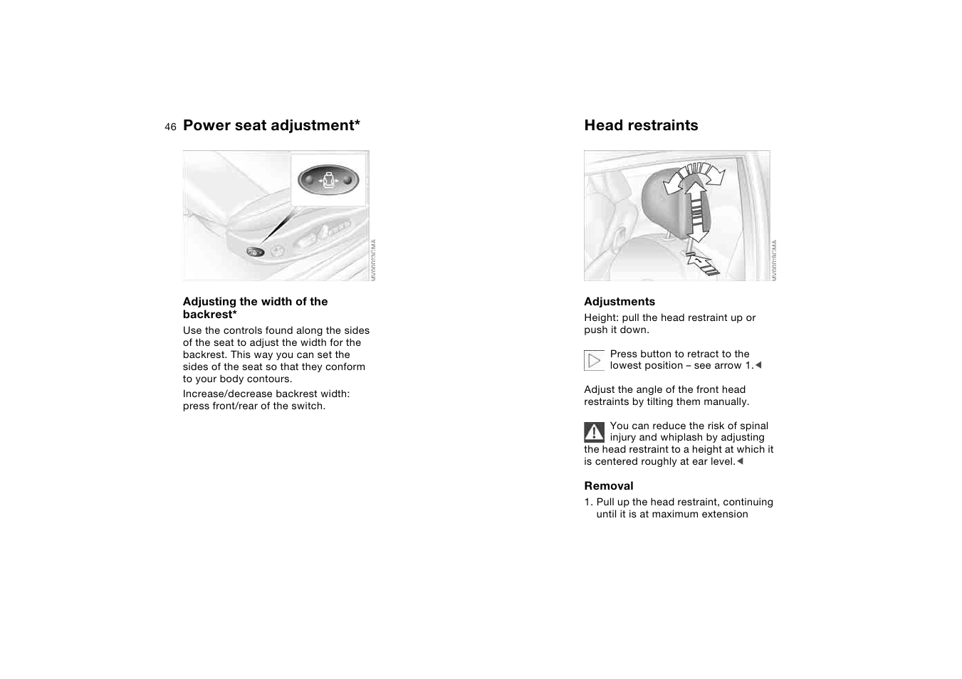 Head restraints, Power seat adjustment | BMW M3 Coupe 2004 User Manual | Page 46 / 170