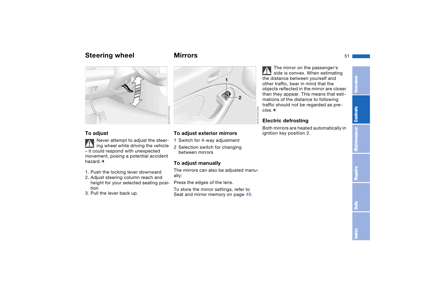 Steering wheel, Mirrors | BMW M3 Coupe 2004 User Manual | Page 51 / 170