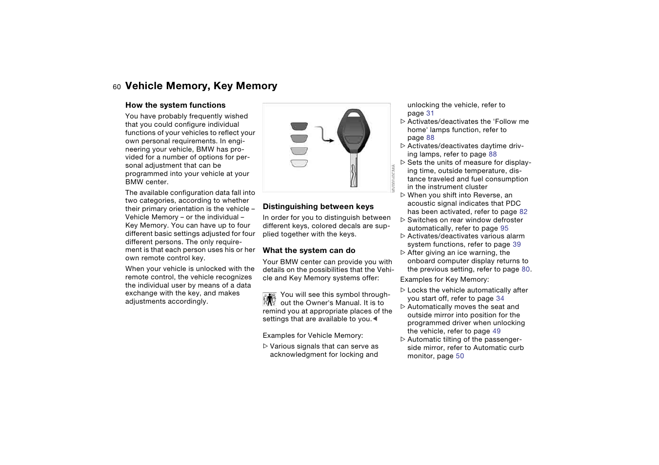 Vehicle memory, key memory, Vehicle memory, key, Memory | BMW M3 Coupe 2004 User Manual | Page 60 / 170