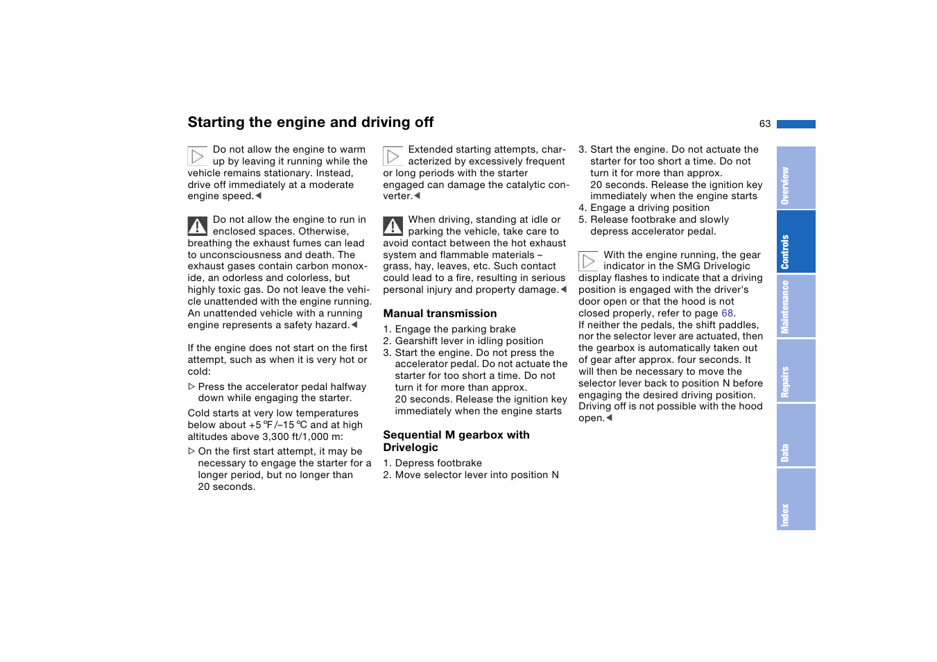 Starting the engine and driving off, Starting the engine and driving | BMW M3 Coupe 2004 User Manual | Page 63 / 170