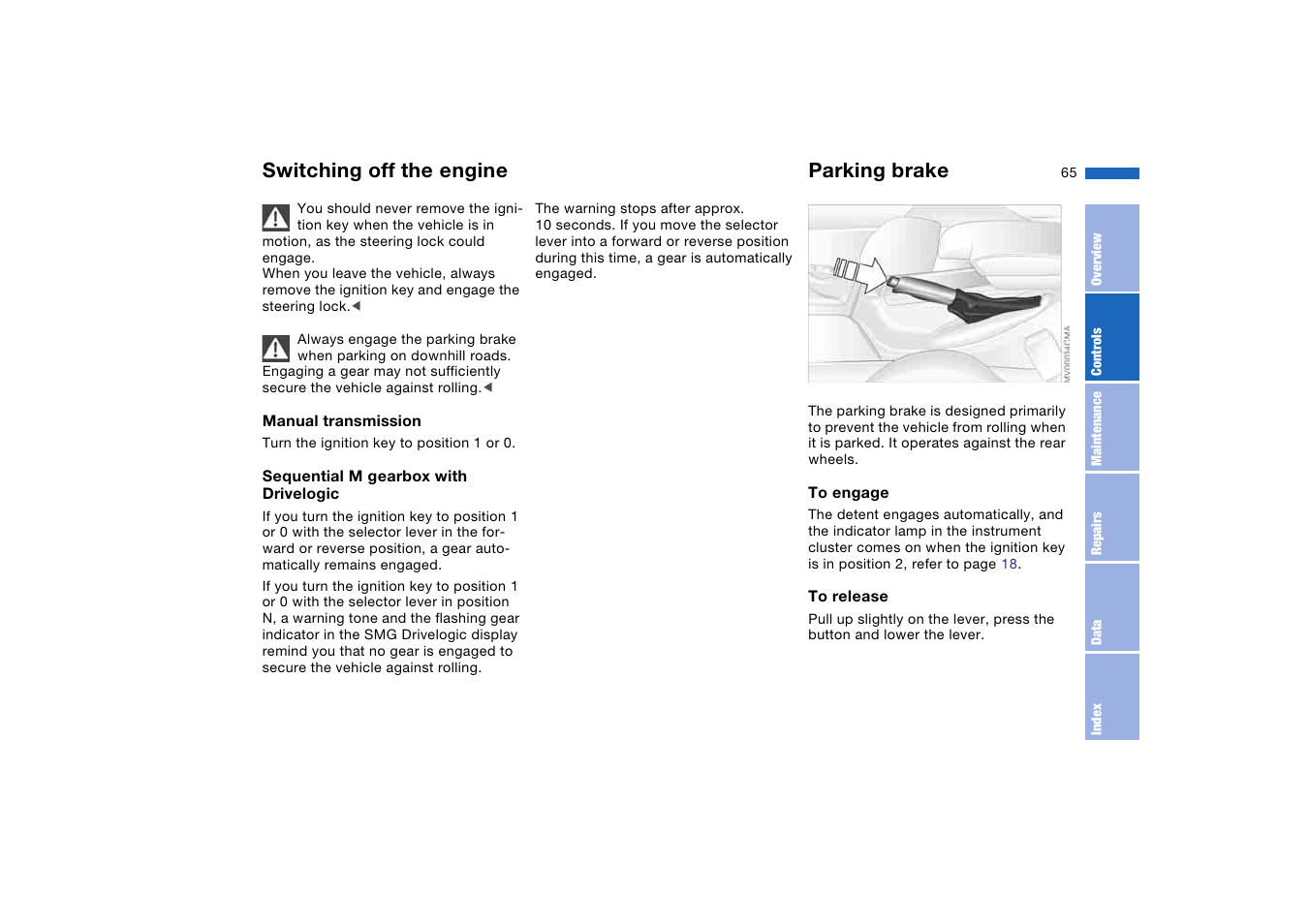 Switching off the engine, Parking brake | BMW M3 Coupe 2004 User Manual | Page 65 / 170