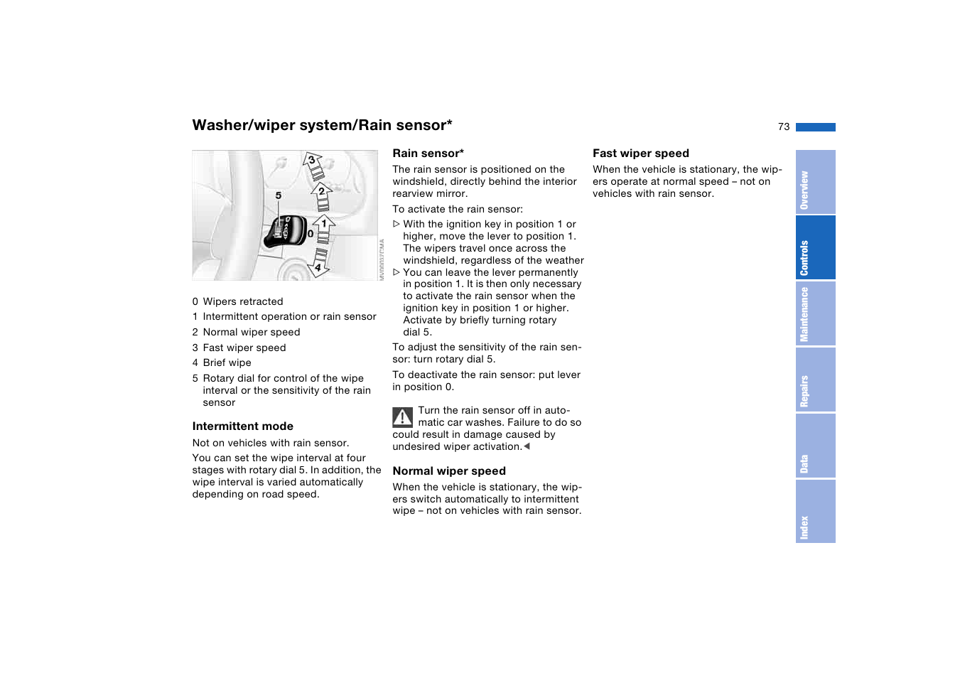 Washer/wiper system, Washer/wiper system/rain, Sensor | Washer/wiper system/rain sensor | BMW M3 Coupe 2004 User Manual | Page 73 / 170