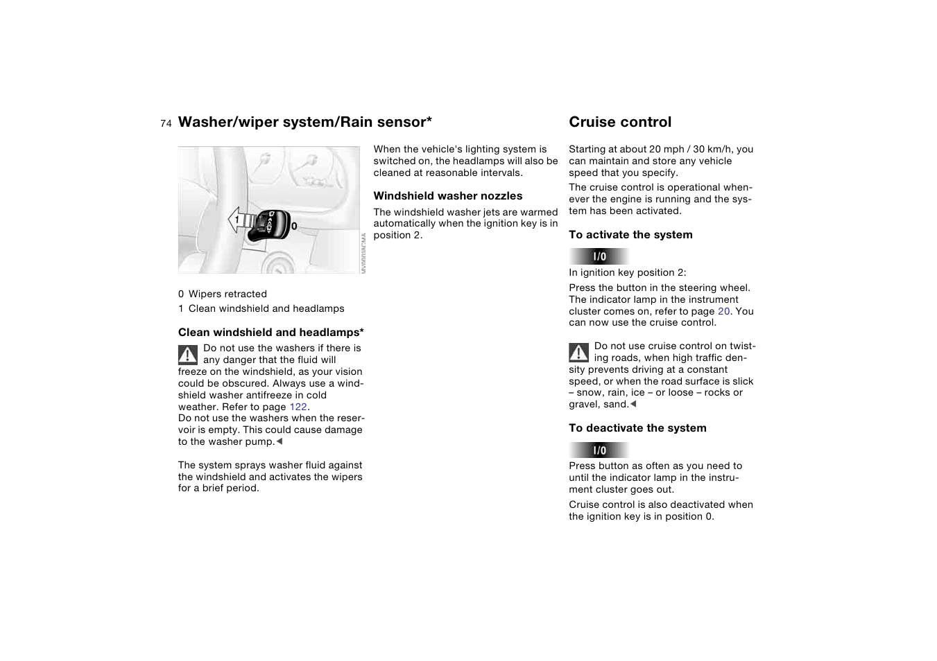 Cruise control, Washer/wiper system/rain sensor | BMW M3 Coupe 2004 User Manual | Page 74 / 170