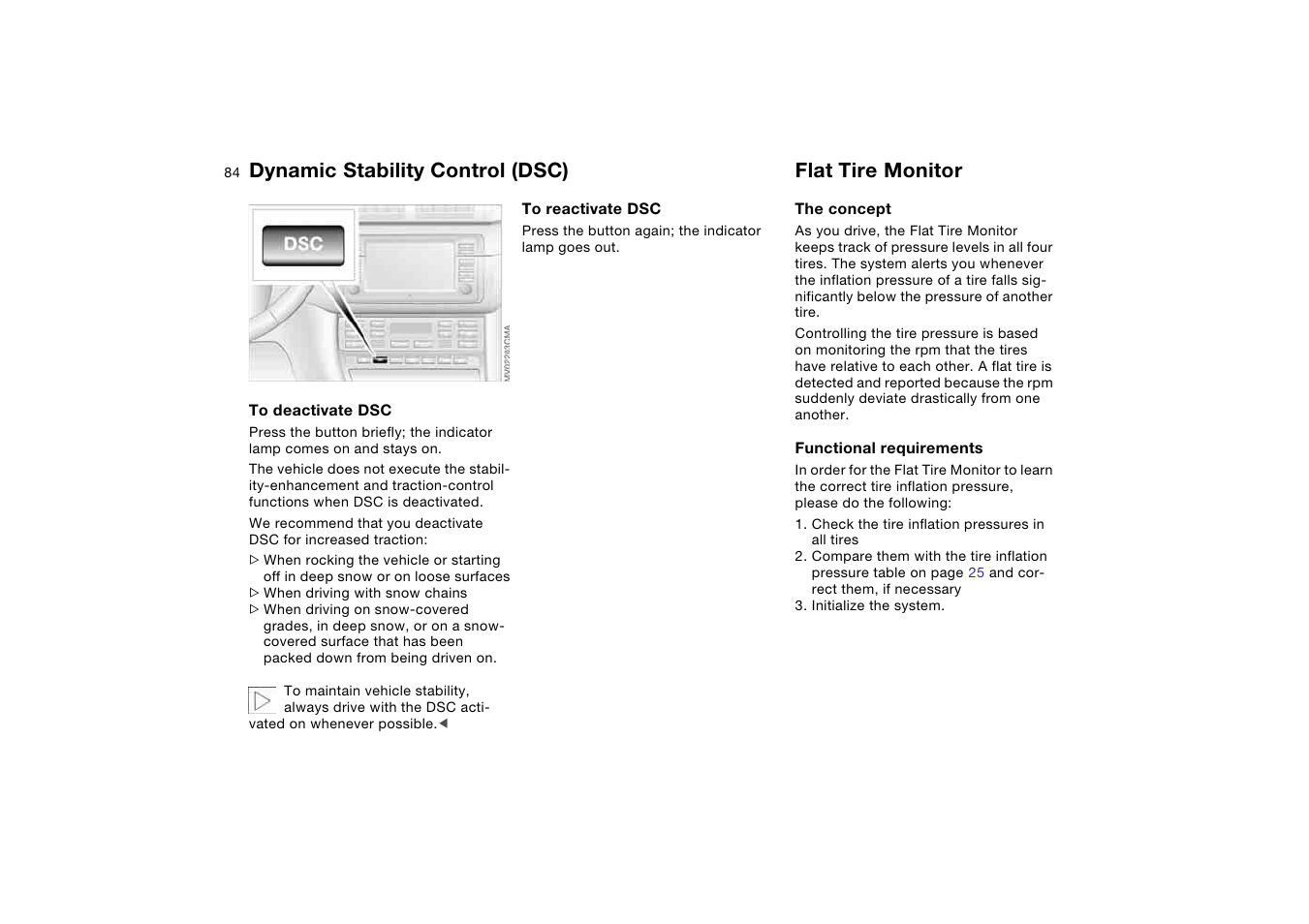 Flat tire monitor, Dynamic stability control (dsc) | BMW M3 Coupe 2004 User Manual | Page 84 / 170