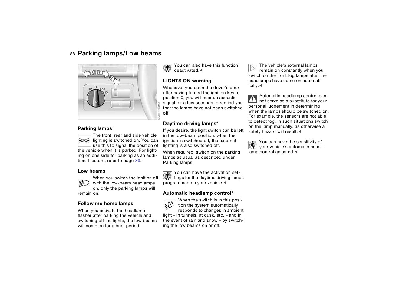 Lamps, Parking lamps/low beams | BMW M3 Coupe 2004 User Manual | Page 88 / 170