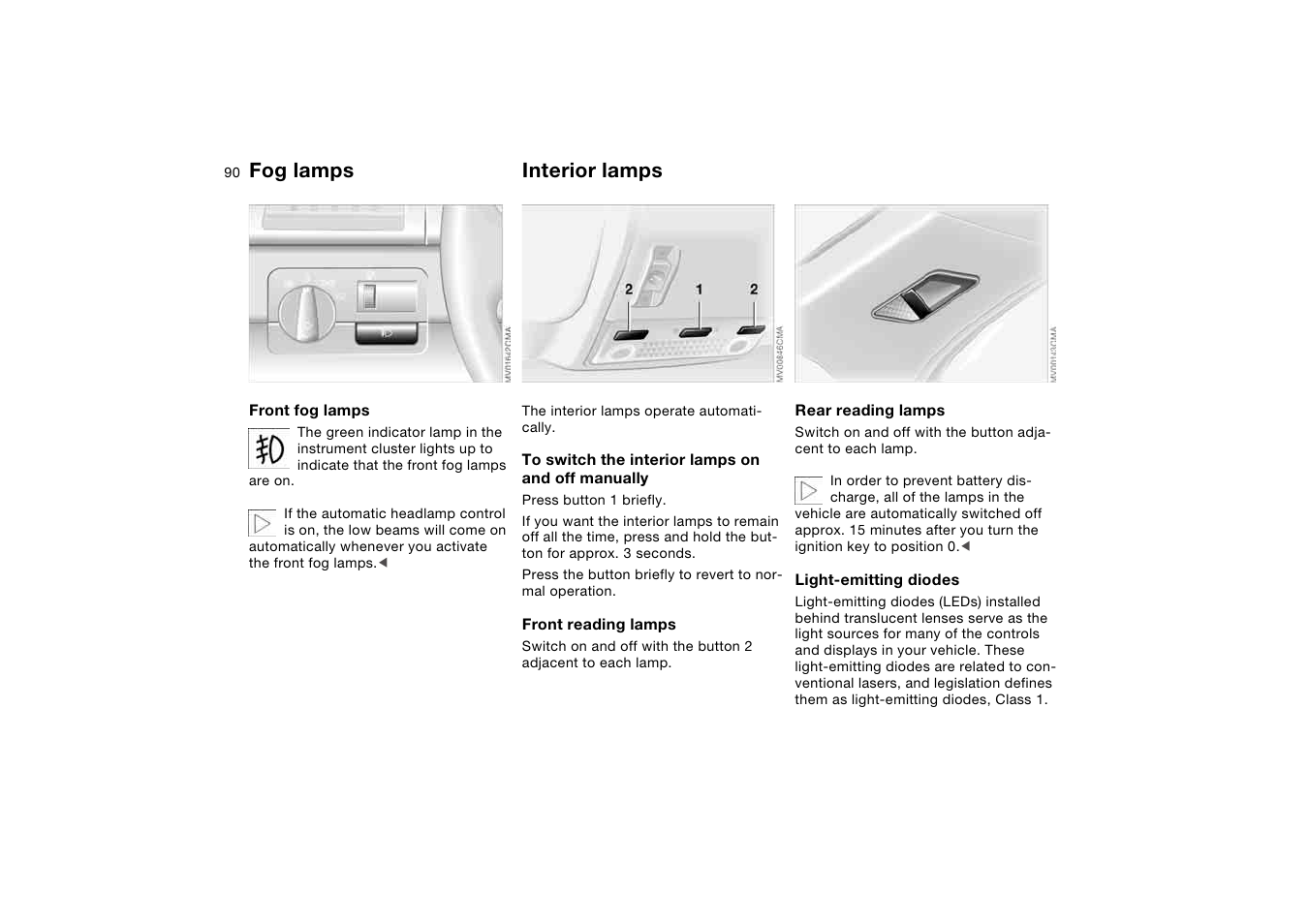 Fog lamps, Interior lamps | BMW M3 Coupe 2004 User Manual | Page 90 / 170