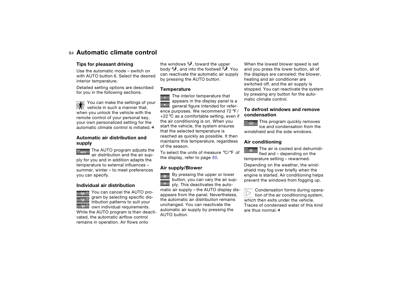 Supply, Individual air distribution, Condensation | Automatic climate control | BMW M3 Coupe 2004 User Manual | Page 94 / 170