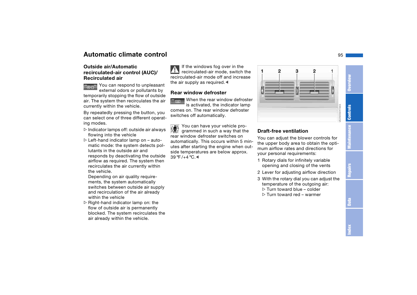 Rear window defroster, Air for the upper body area, Automatic climate control | BMW M3 Coupe 2004 User Manual | Page 95 / 170