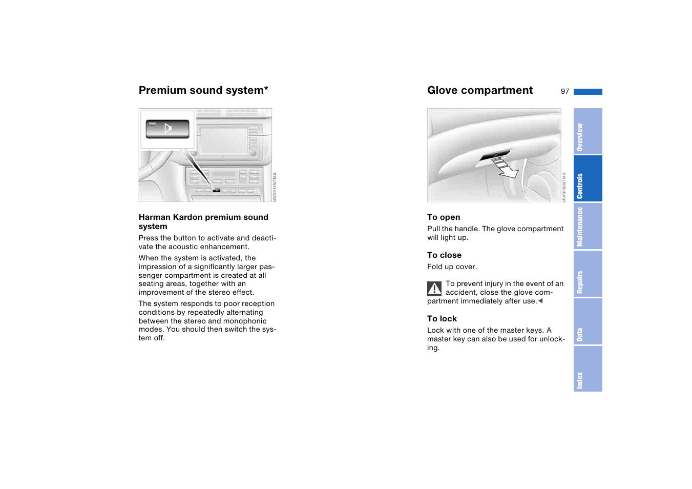 Interior conveniences, Premium sound system, Glove compartment | BMW M3 Coupe 2004 User Manual | Page 97 / 170