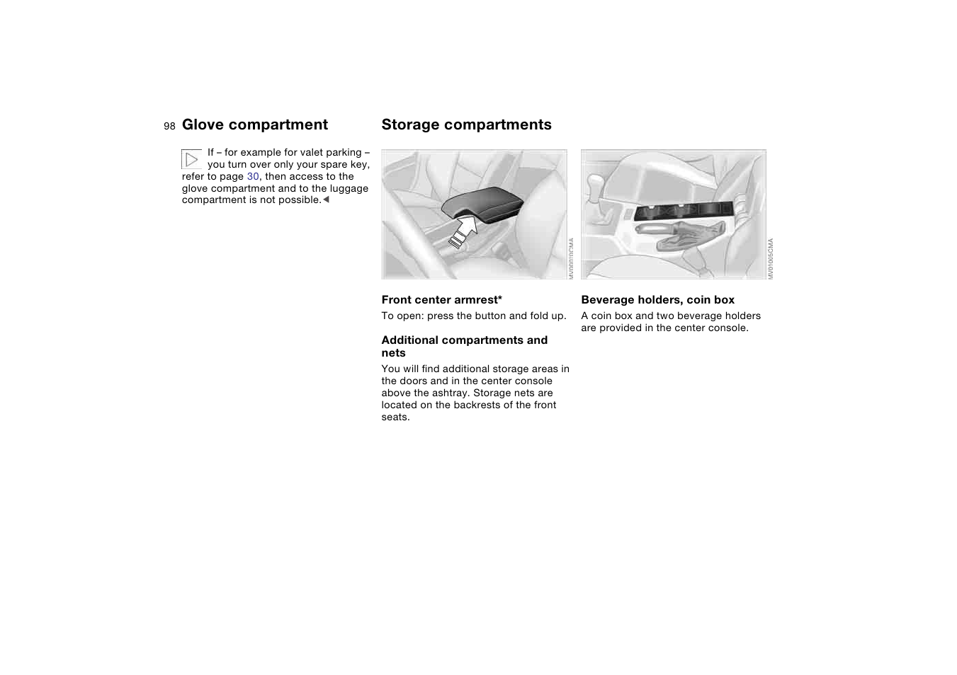 Storage compartments, Glove compartment | BMW M3 Coupe 2004 User Manual | Page 98 / 170