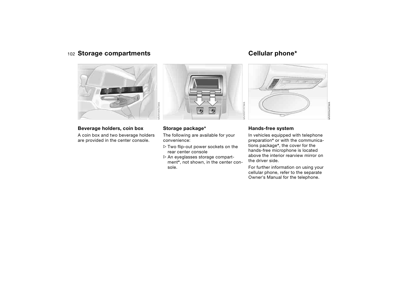 Cellular phone, Storage compartments | BMW M3 Convertible 2004 User Manual | Page 102 / 174