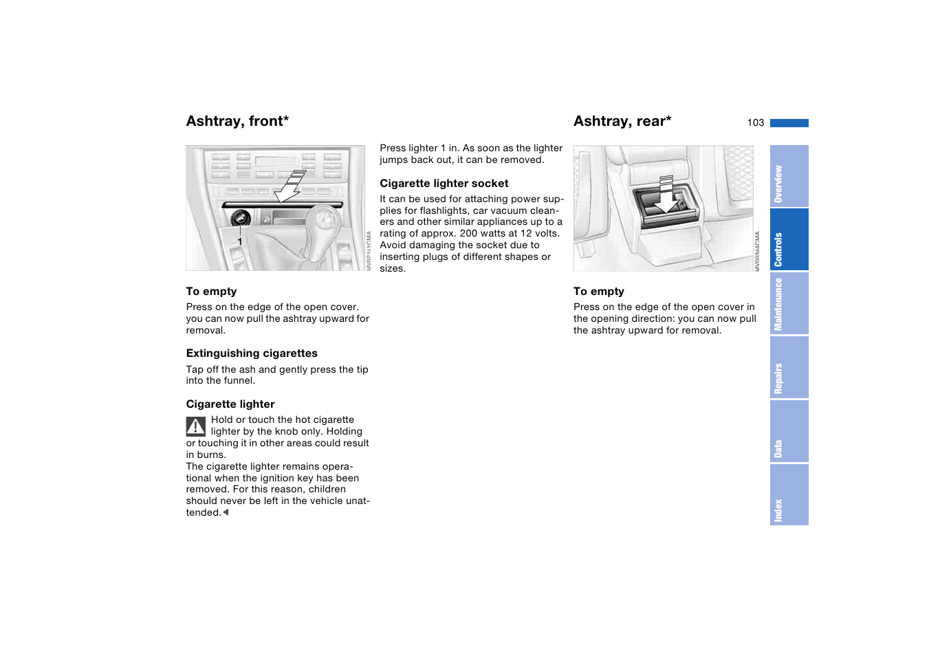 Ashtray, front, Ashtray, rear | BMW M3 Convertible 2004 User Manual | Page 103 / 174