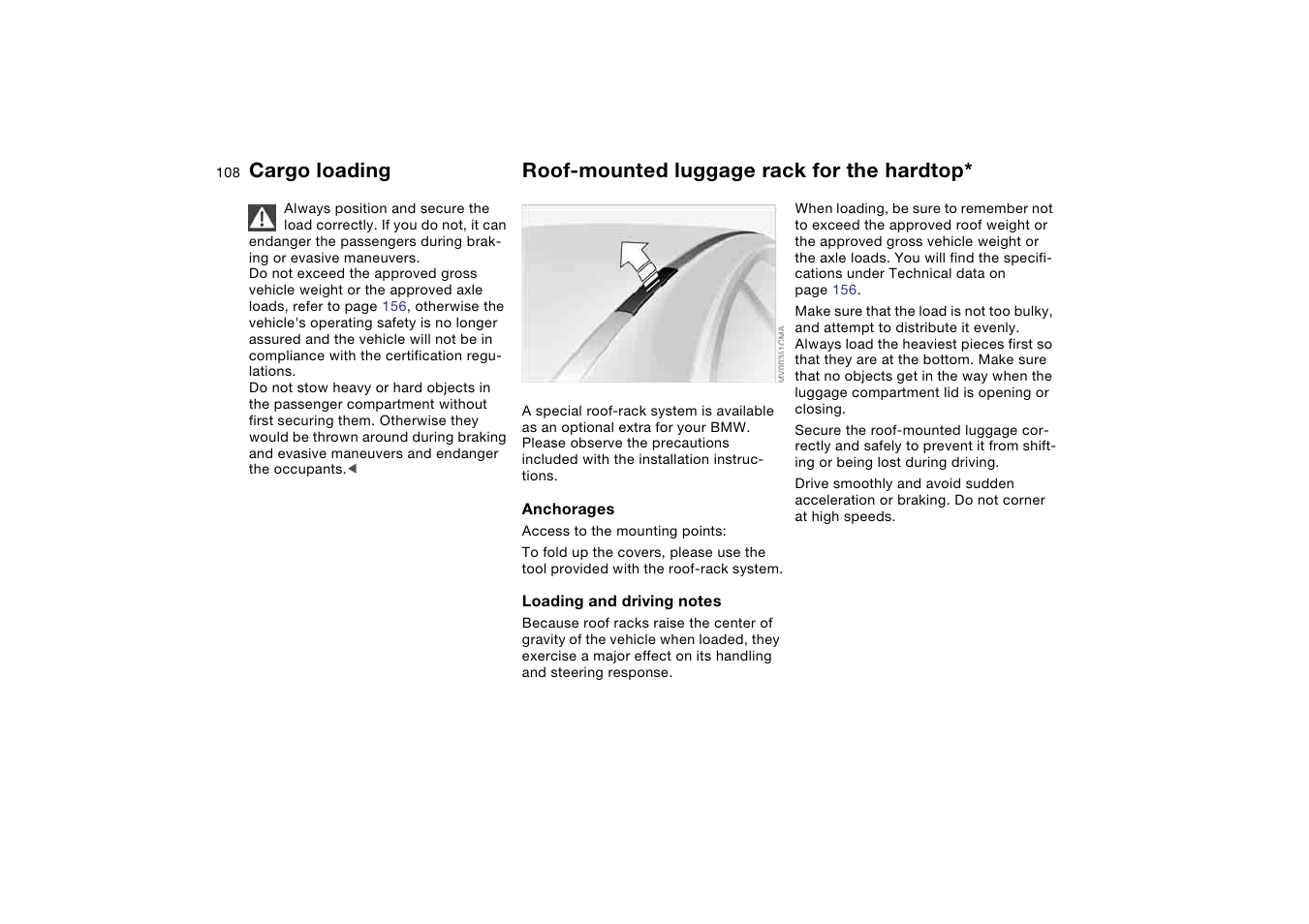 Roof-mounted luggage rack for the, Roof-mounted luggage rack for, The hardtop | Roof-mounted luggage rack for the hardtop, Cargo loading | BMW M3 Convertible 2004 User Manual | Page 108 / 174