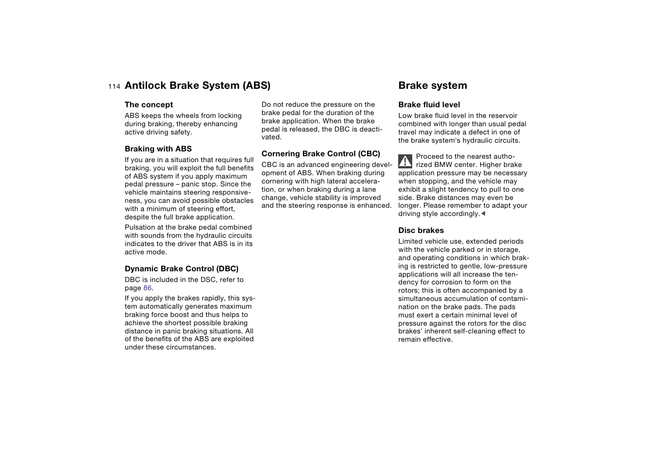 Antilock brake system (abs), Brake system, Antilock brake system | Abs) | BMW M3 Convertible 2004 User Manual | Page 114 / 174