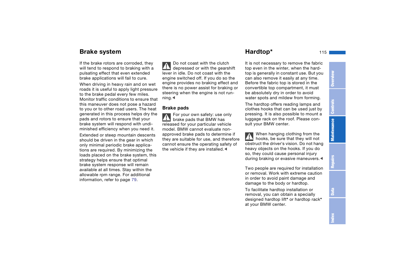 Hardtop, Brake system | BMW M3 Convertible 2004 User Manual | Page 115 / 174