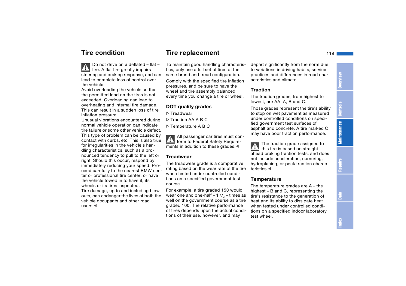 Tire replacement, Tire condition | BMW M3 Convertible 2004 User Manual | Page 119 / 174