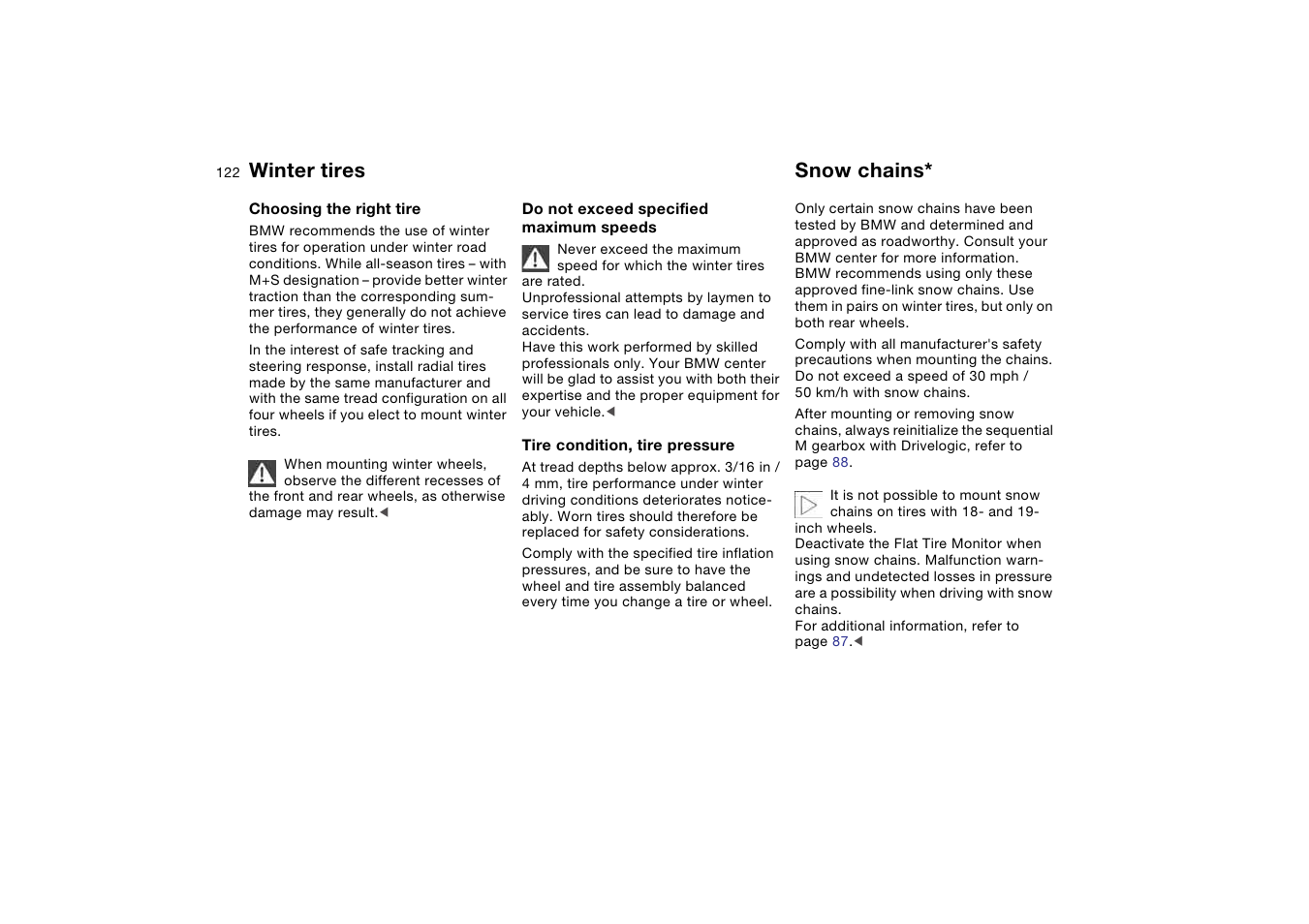 Winter tires, Snow chains | BMW M3 Convertible 2004 User Manual | Page 122 / 174