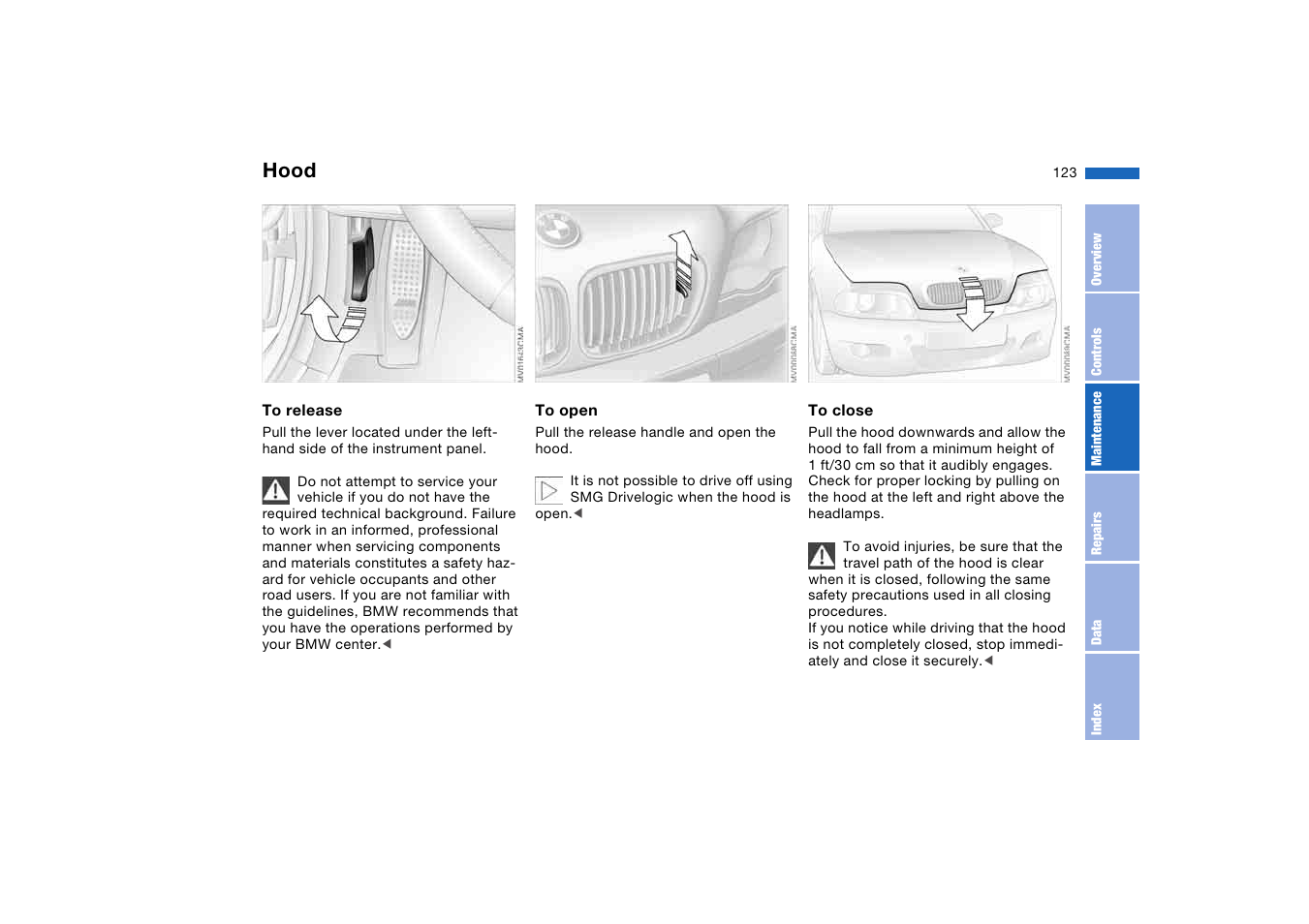 In the engine compartment, Hood | BMW M3 Convertible 2004 User Manual | Page 123 / 174