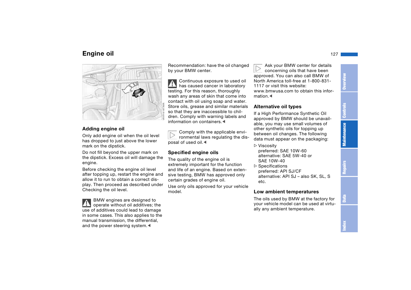 Engine oil filler neck, Engine oil | BMW M3 Convertible 2004 User Manual | Page 127 / 174