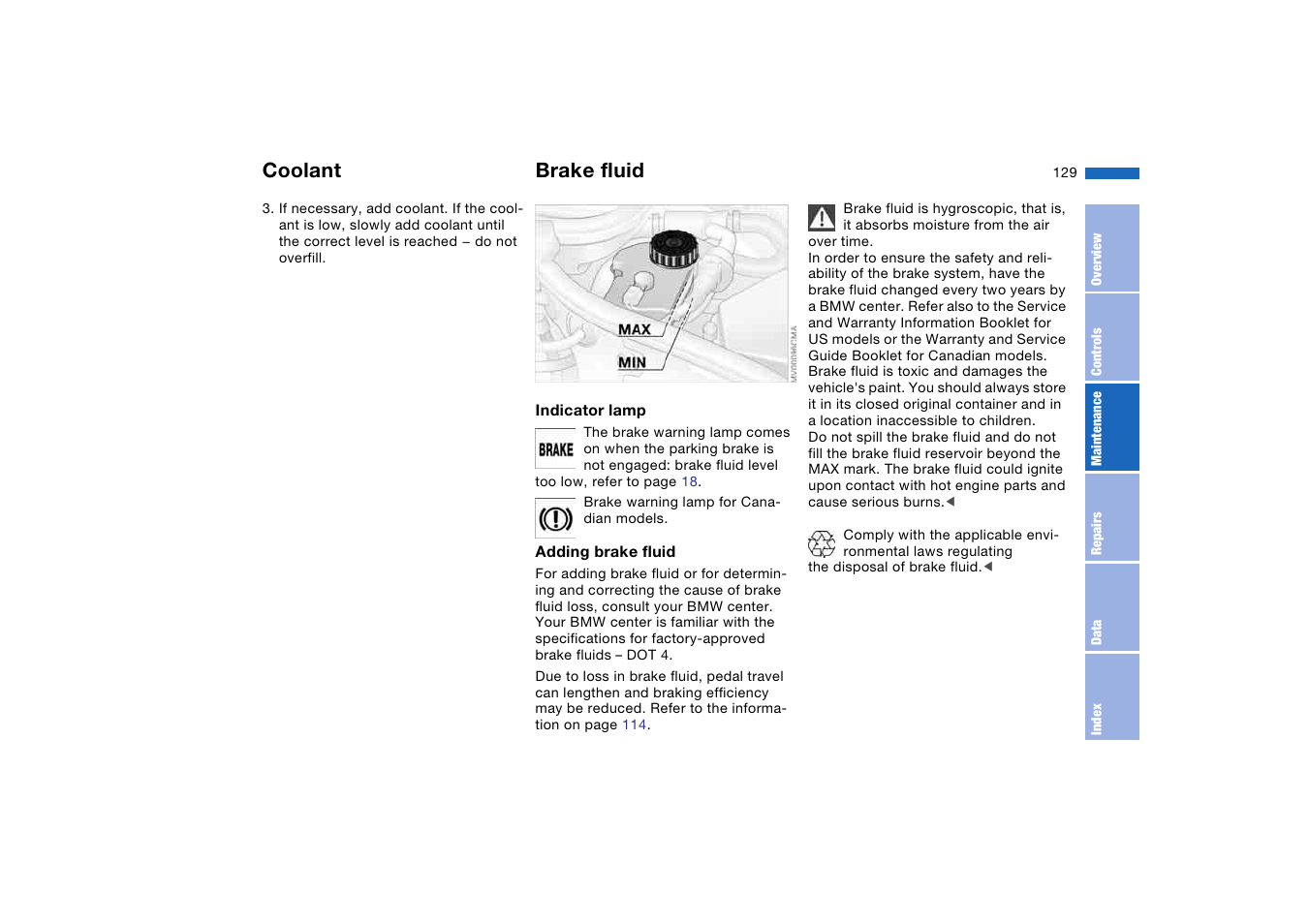 Brake fluid, Coolant | BMW M3 Convertible 2004 User Manual | Page 129 / 174