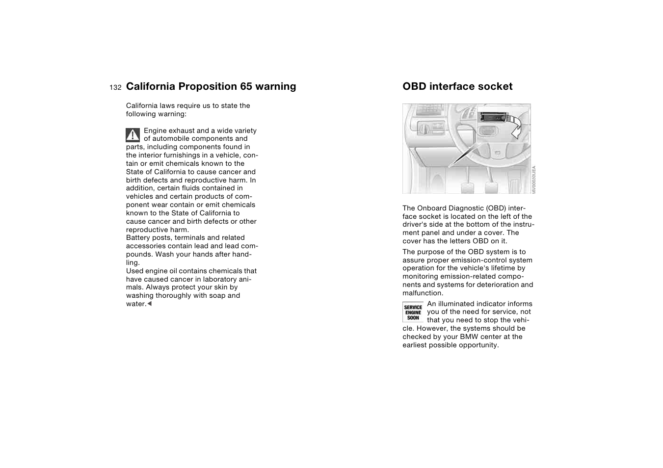 Laws and regulations, California proposition 65 warning, Obd interface socket | California proposition 65, Warning | BMW M3 Convertible 2004 User Manual | Page 132 / 174