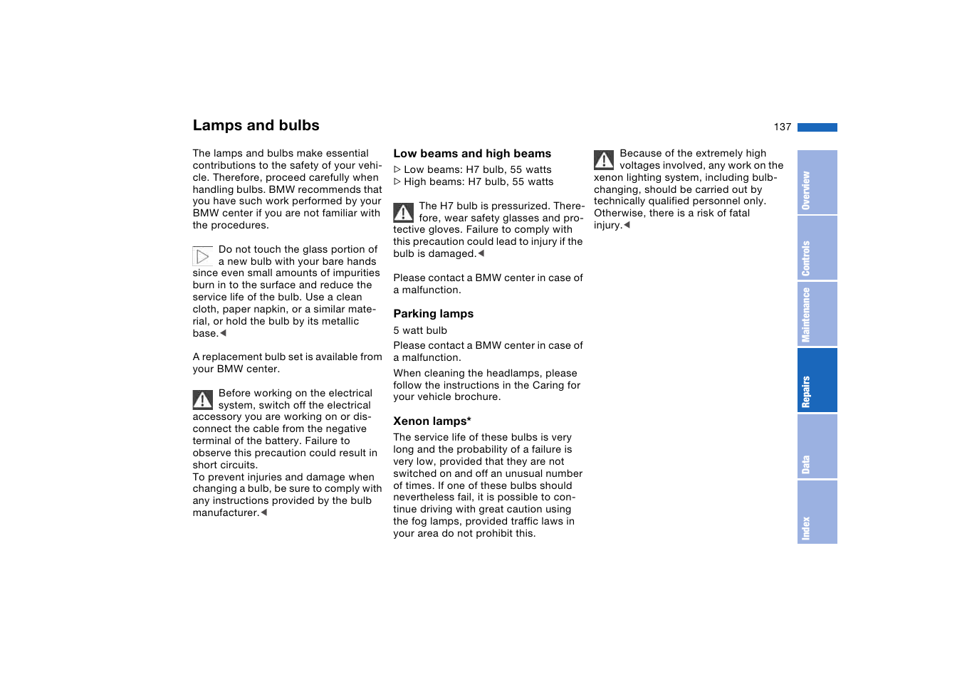 Lamps and bulbs | BMW M3 Convertible 2004 User Manual | Page 137 / 174