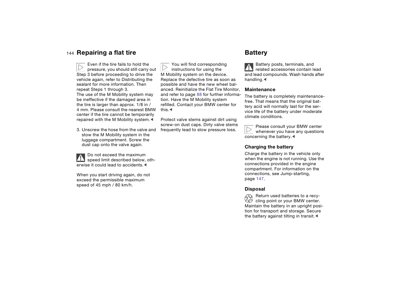 Battery, Repairing a flat tire | BMW M3 Convertible 2004 User Manual | Page 144 / 174