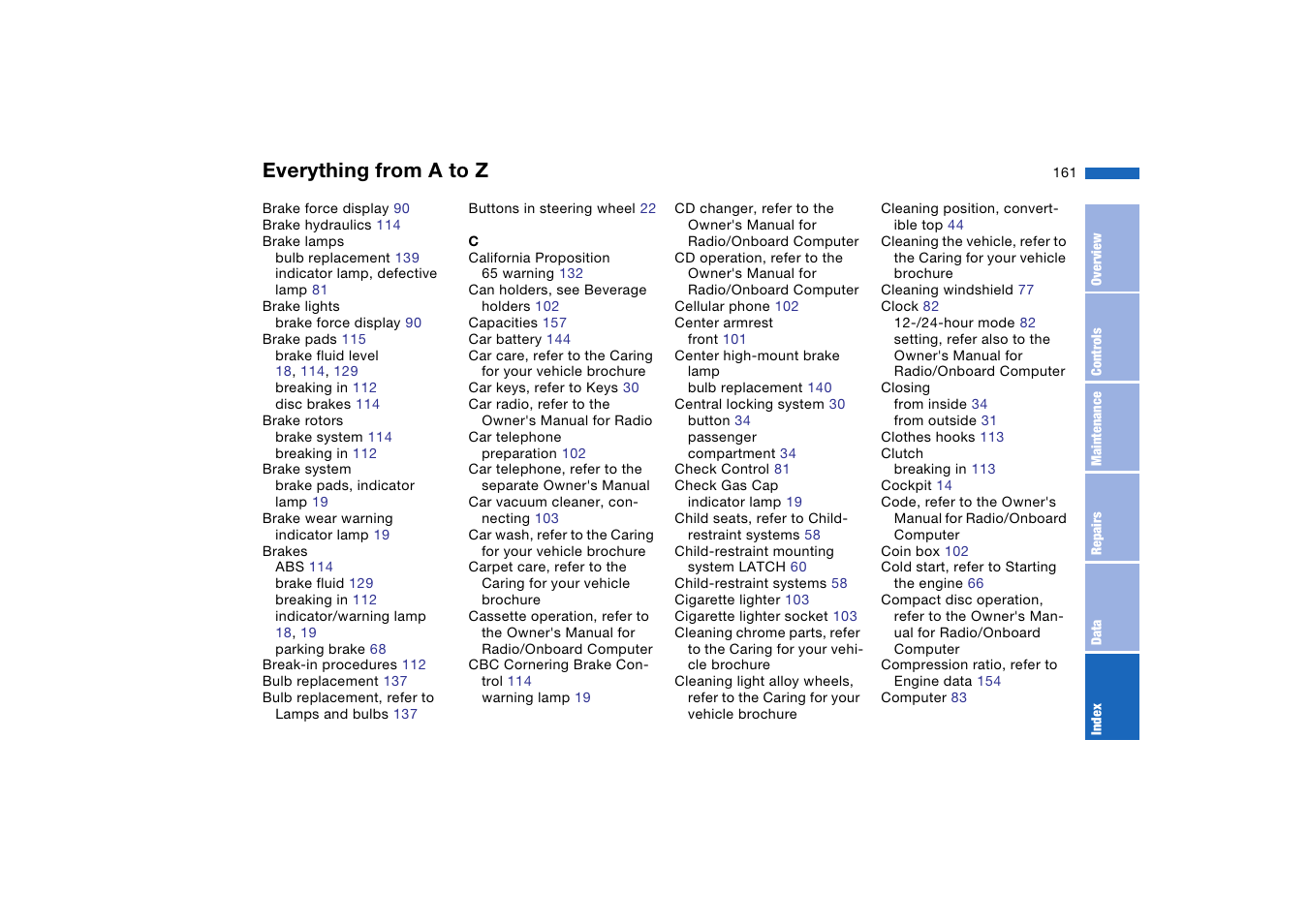 Everything from a to z | BMW M3 Convertible 2004 User Manual | Page 161 / 174