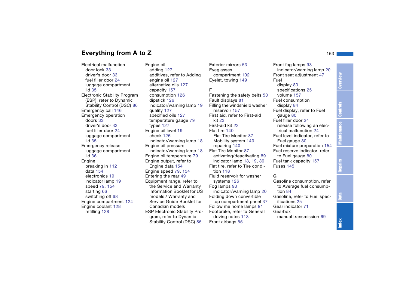 Everything from a to z | BMW M3 Convertible 2004 User Manual | Page 163 / 174