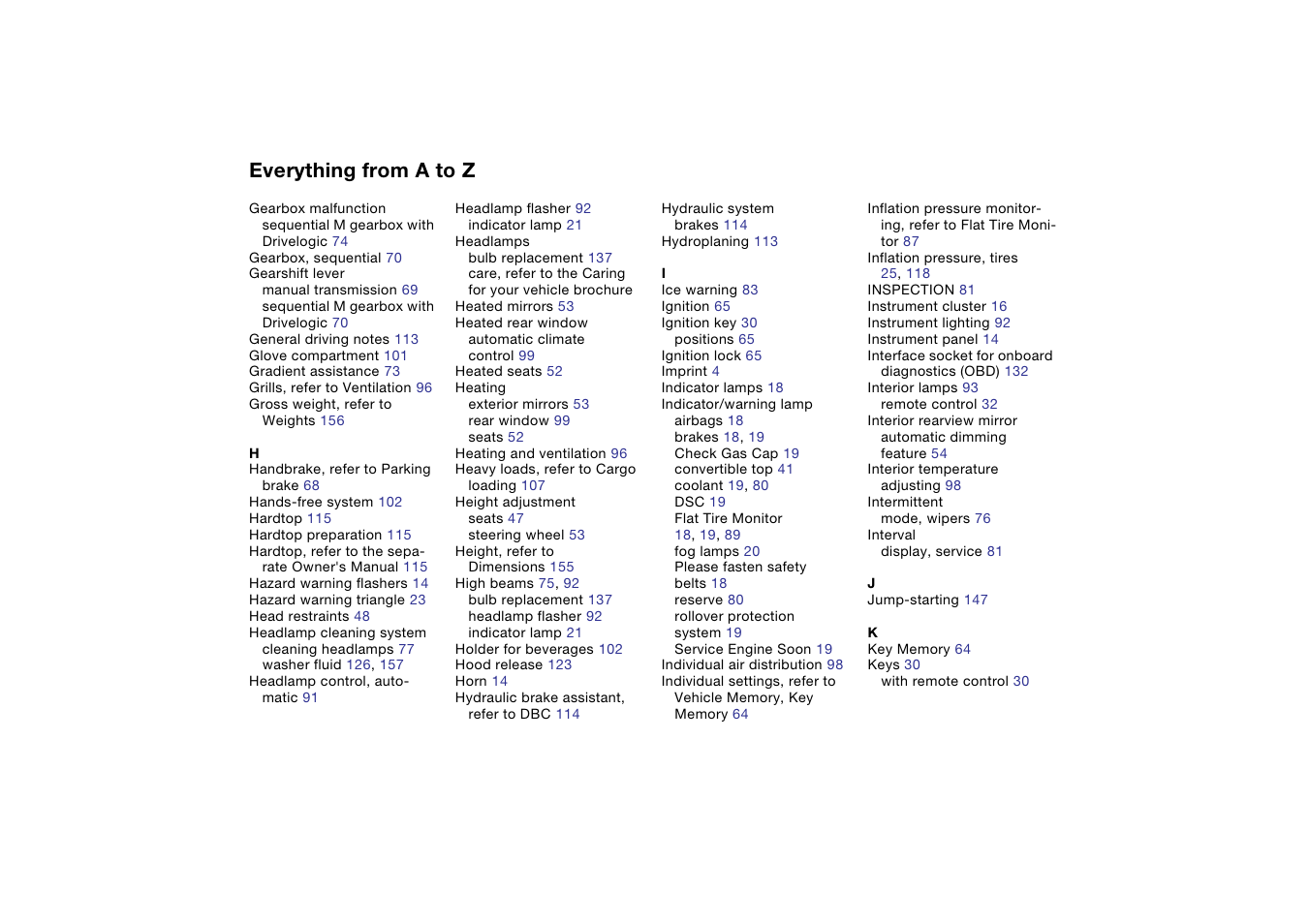 Everything from a to z | BMW M3 Convertible 2004 User Manual | Page 164 / 174