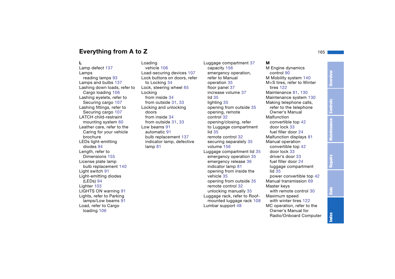 Everything from a to z | BMW M3 Convertible 2004 User Manual | Page 165 / 174