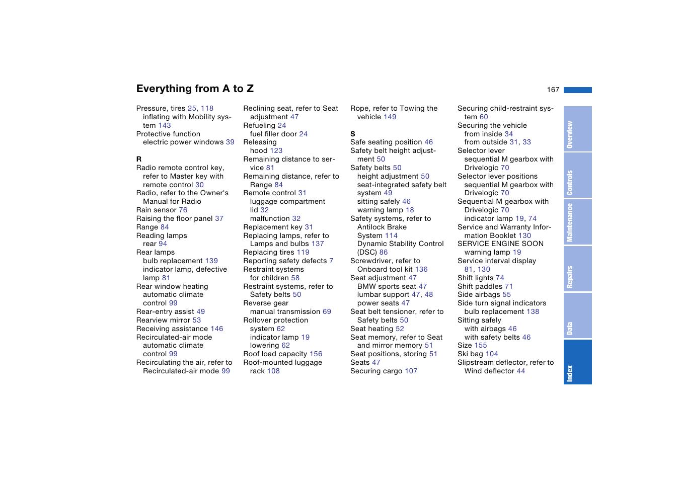 Everything from a to z | BMW M3 Convertible 2004 User Manual | Page 167 / 174