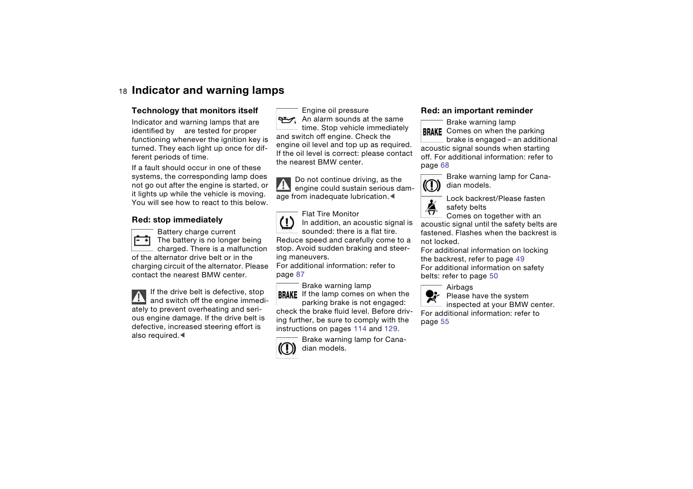 Indicator and warning lamps | BMW M3 Convertible 2004 User Manual | Page 18 / 174