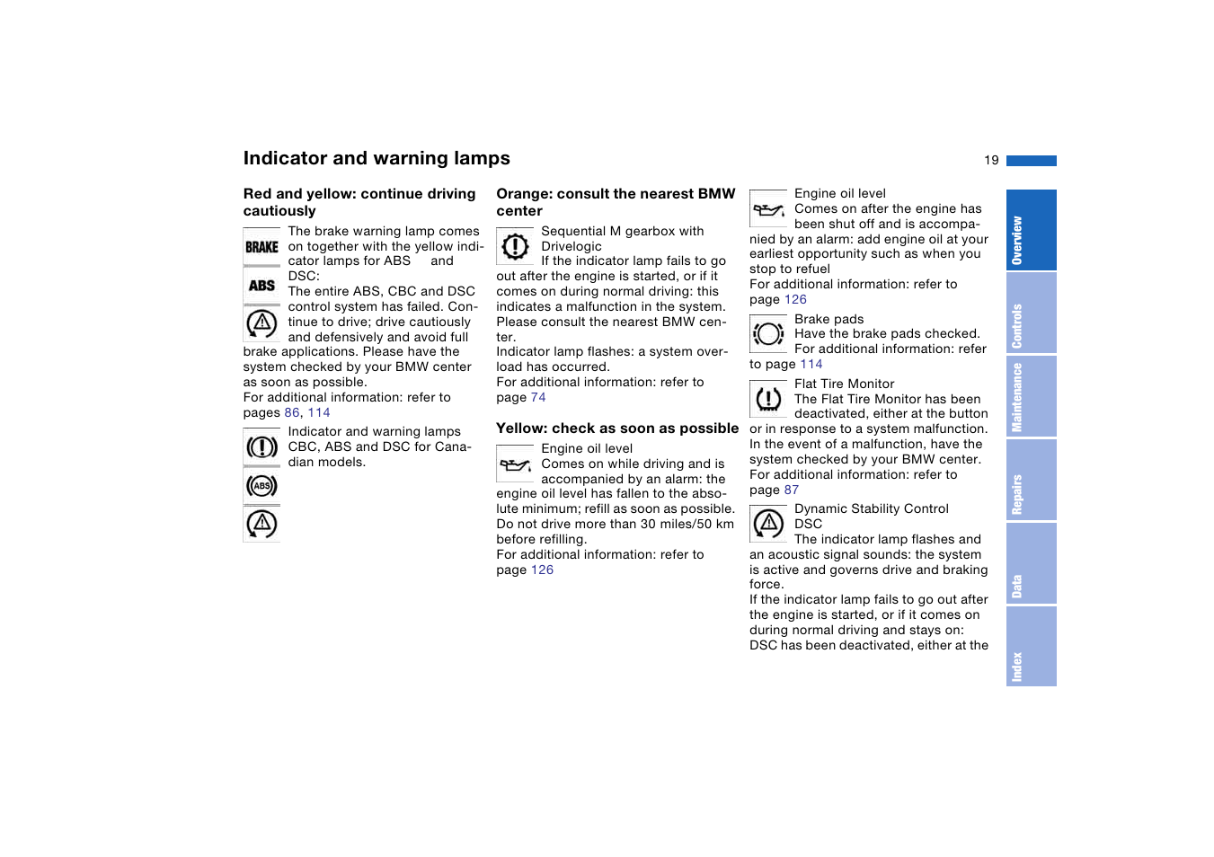 Indicator and warning lamps | BMW M3 Convertible 2004 User Manual | Page 19 / 174