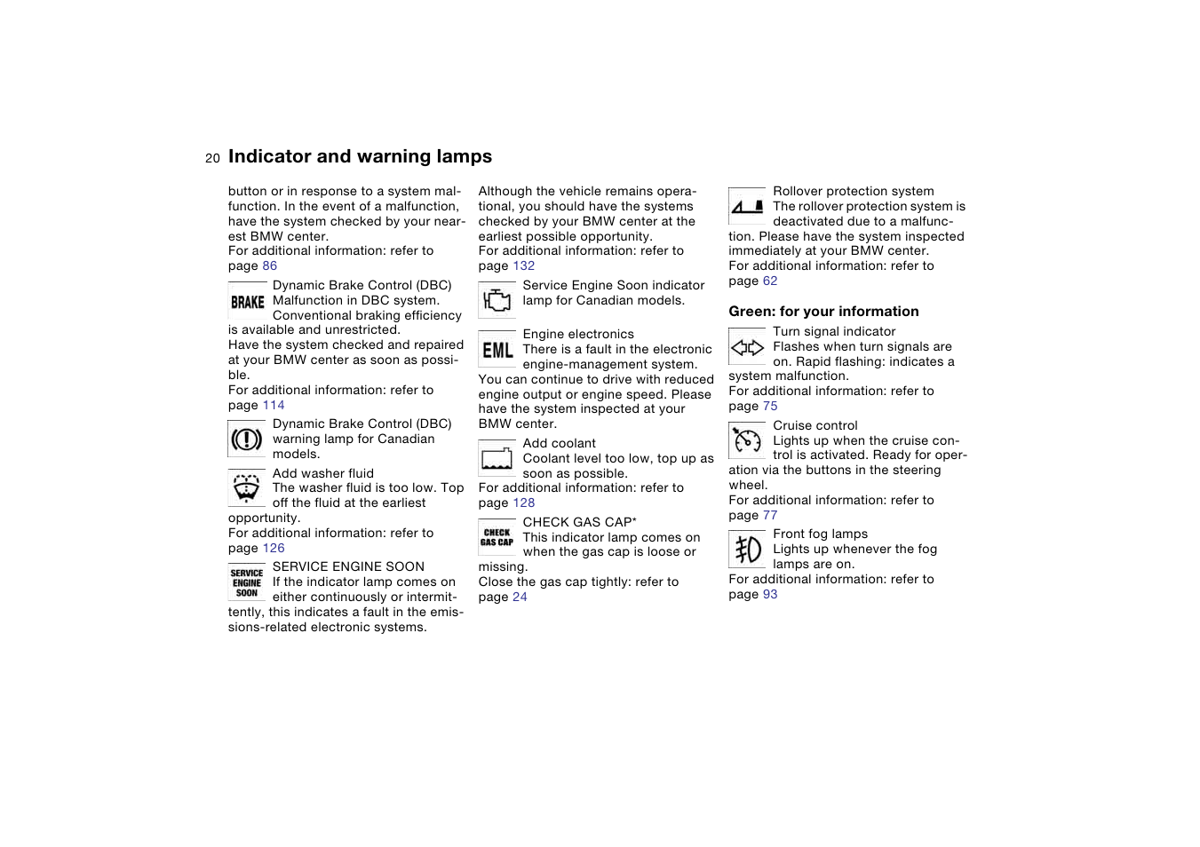 Turn signal indicator, Indicator and warning lamps | BMW M3 Convertible 2004 User Manual | Page 20 / 174