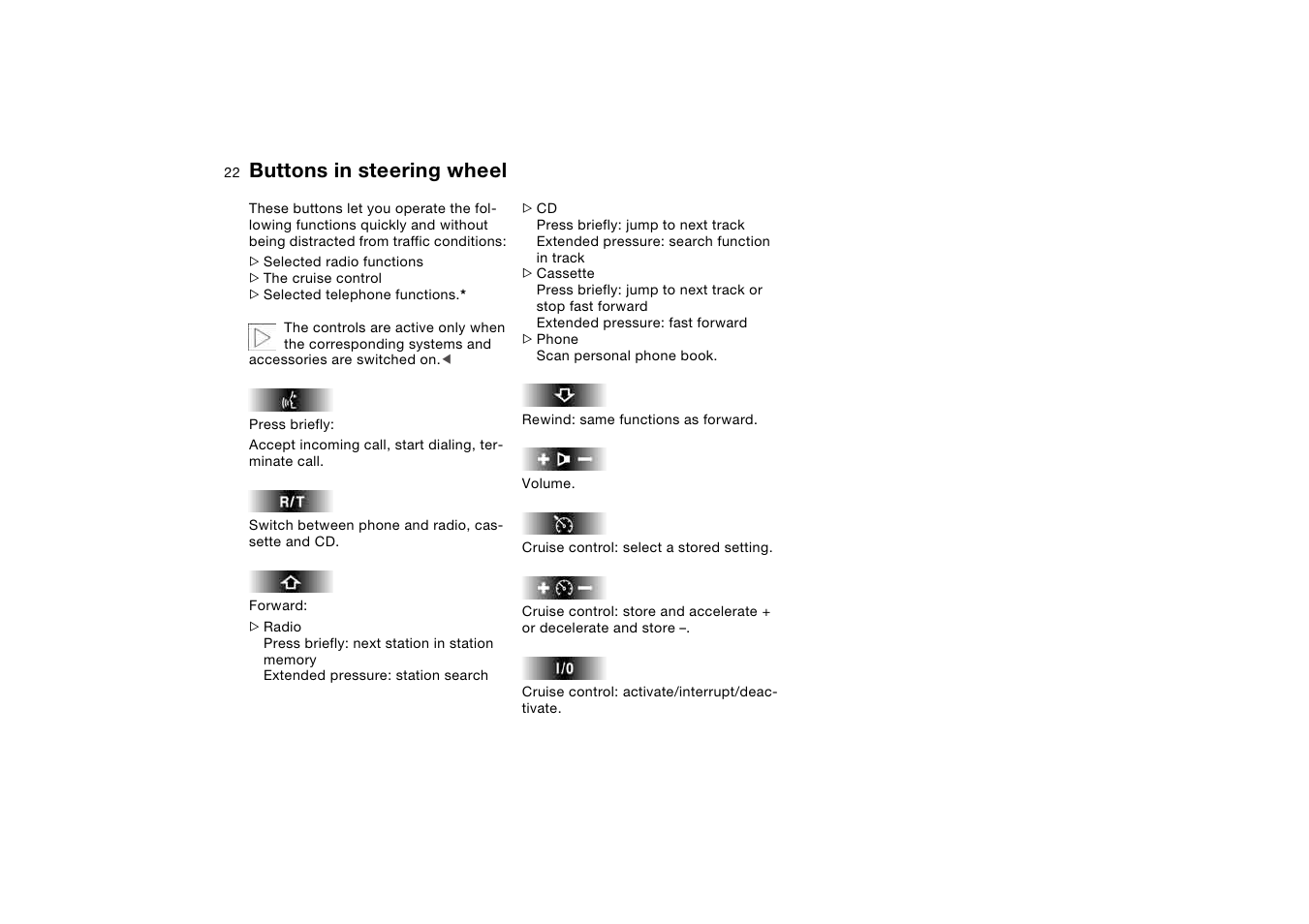 Buttons in steering wheel | BMW M3 Convertible 2004 User Manual | Page 22 / 174