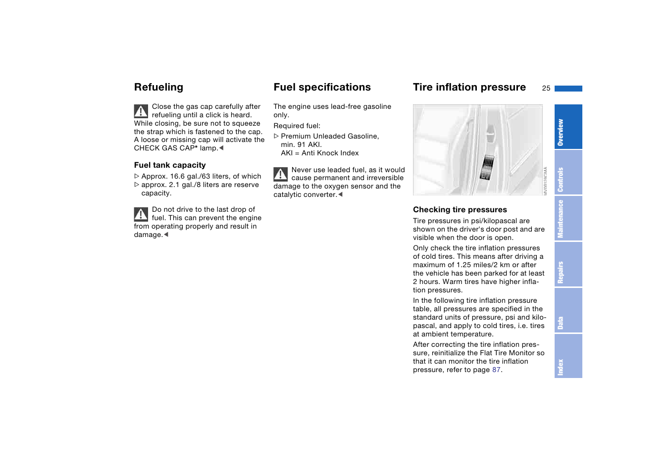 Fuel specifications, Tire inflation pressure, Refueling | BMW M3 Convertible 2004 User Manual | Page 25 / 174