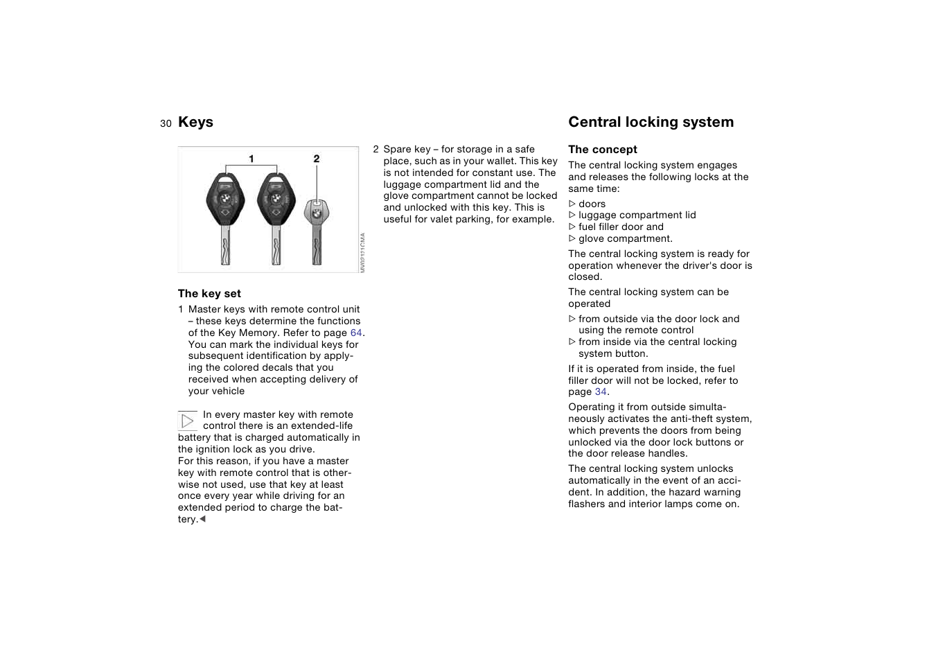 Opening and closing, Keys, Central locking system | BMW M3 Convertible 2004 User Manual | Page 30 / 174