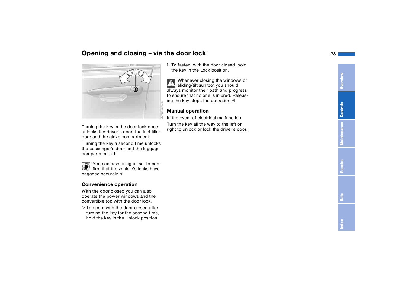 Opening and closing – via the door lock, Opening and closing – via the, Door lock | BMW M3 Convertible 2004 User Manual | Page 33 / 174