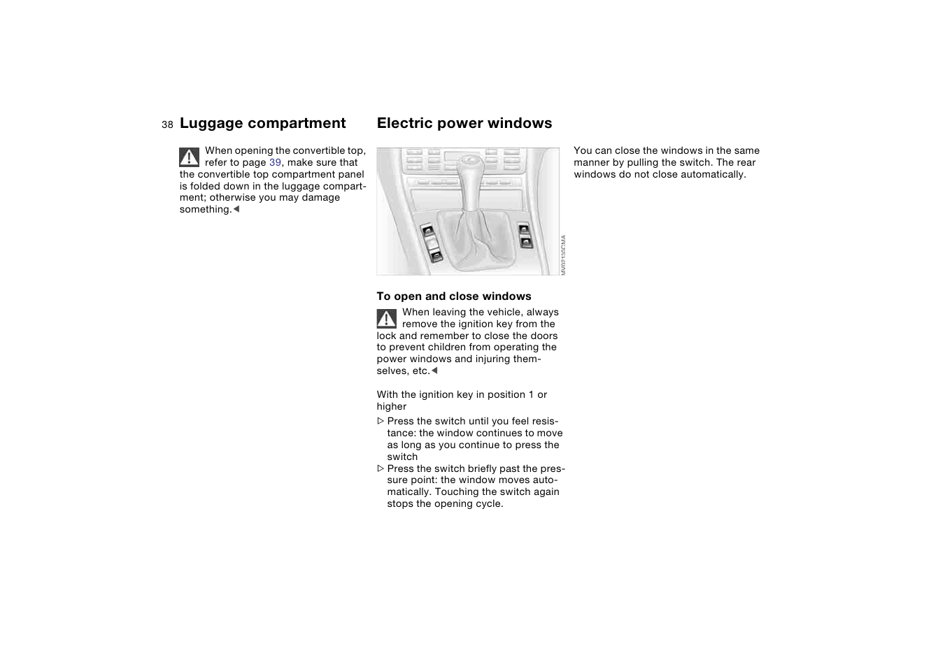 Electric power windows, Luggage compartment | BMW M3 Convertible 2004 User Manual | Page 38 / 174