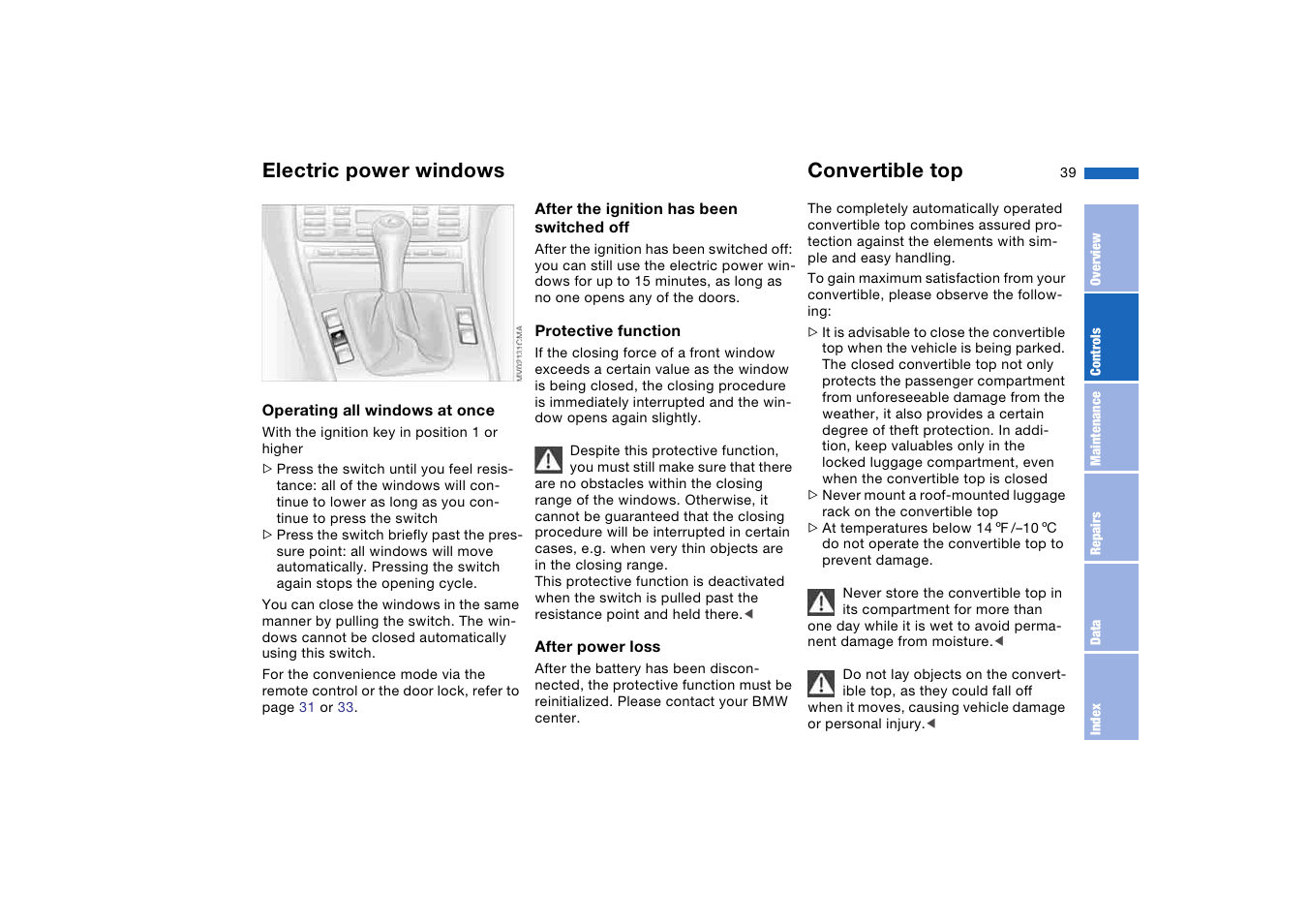 Convertible top, Electric power windows | BMW M3 Convertible 2004 User Manual | Page 39 / 174