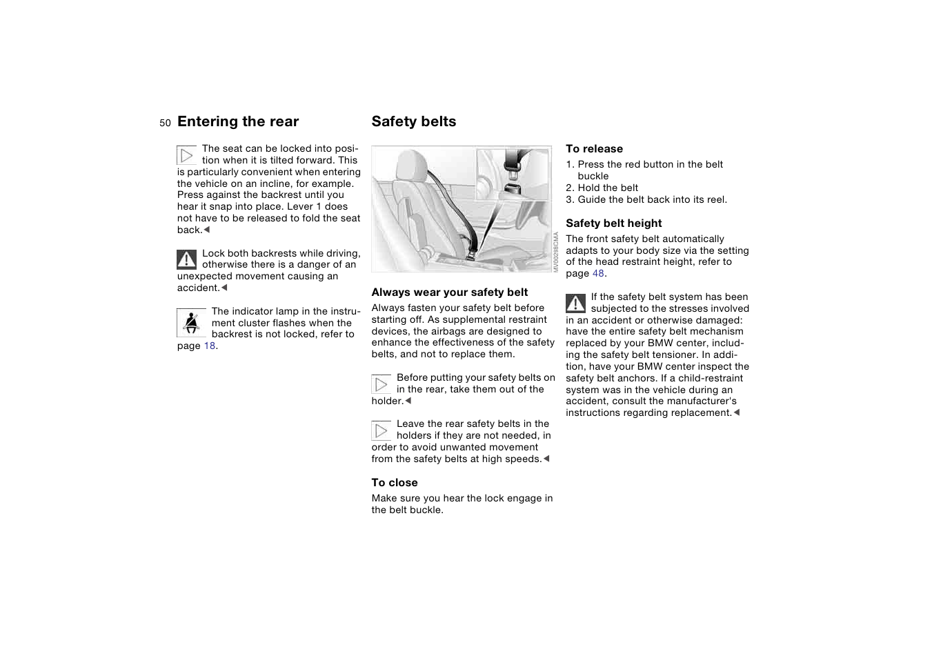 Safety belts, Entering the rear | BMW M3 Convertible 2004 User Manual | Page 50 / 174
