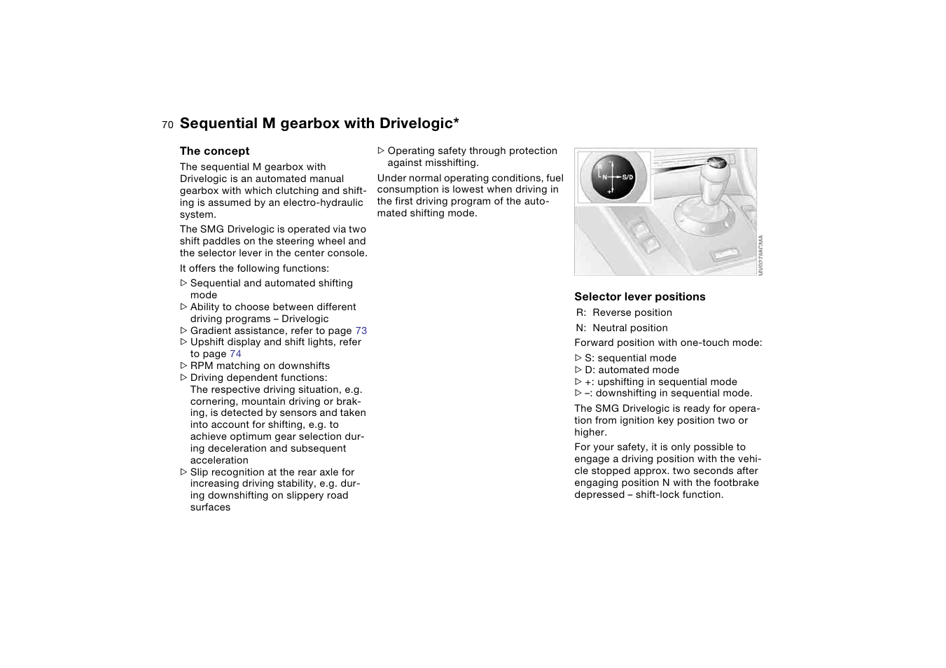 Sequential m gearbox with drivelogic, Sequential m gearbox with, Drivelogic | BMW M3 Convertible 2004 User Manual | Page 70 / 174