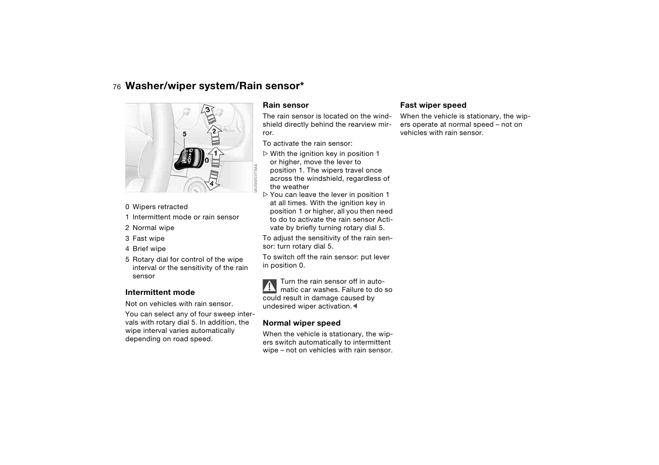 Washer/wiper system, Washer/wiper system/rain, Sensor | Washer/wiper system/rain sensor | BMW M3 Convertible 2004 User Manual | Page 76 / 174