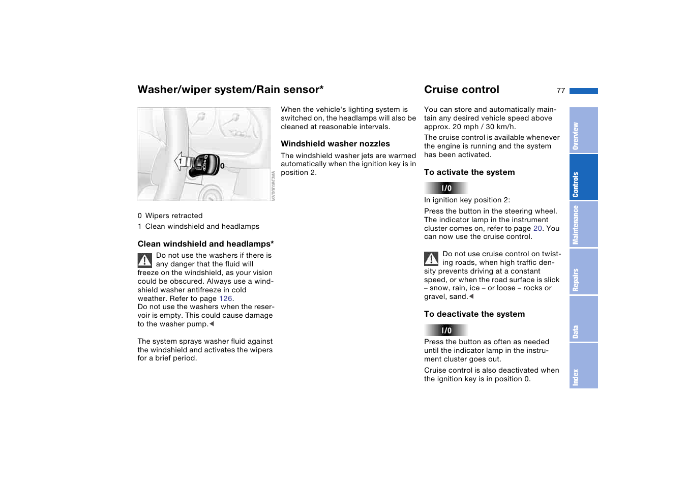 Cruise control, Washer/wiper system/rain sensor | BMW M3 Convertible 2004 User Manual | Page 77 / 174