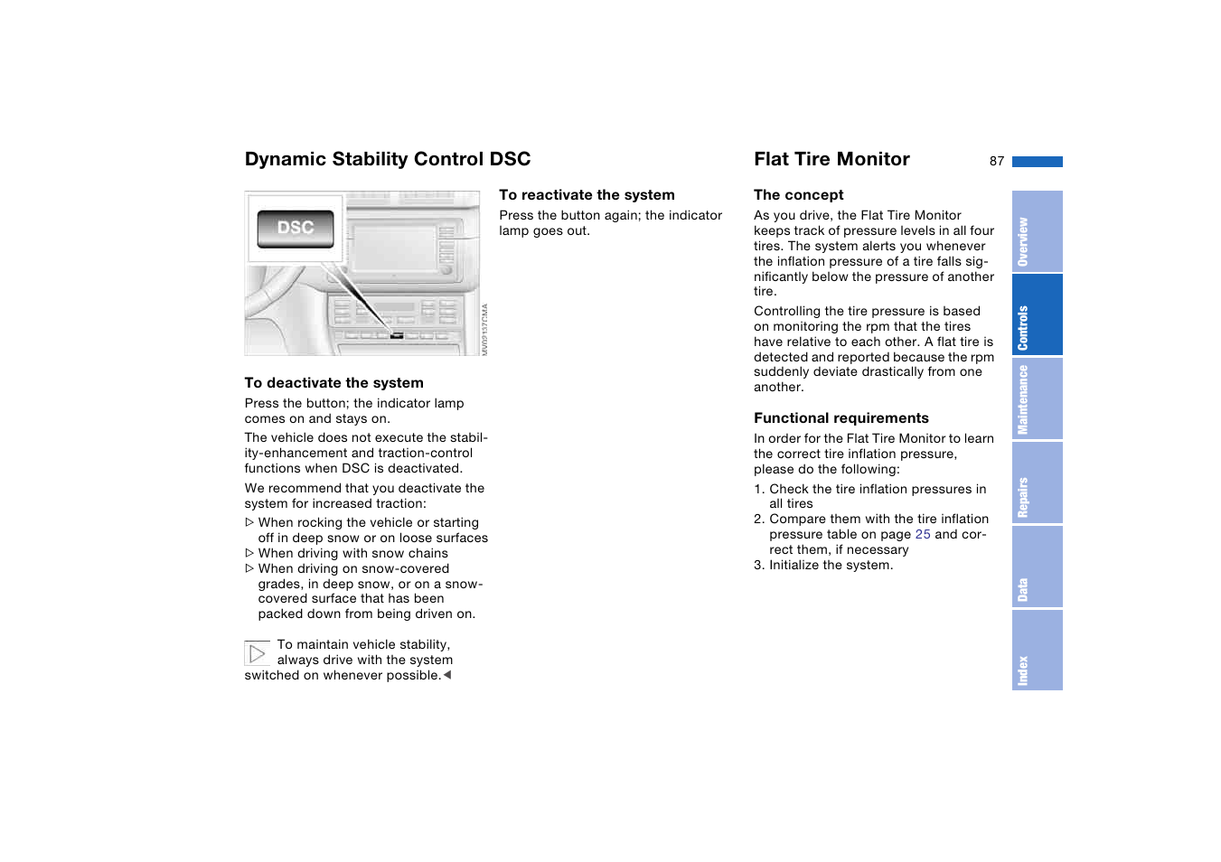 Flat tire monitor, Dynamic stability control dsc | BMW M3 Convertible 2004 User Manual | Page 87 / 174