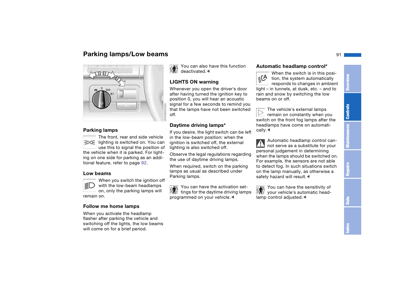 Lamps, Parking lamps/low beams | BMW M3 Convertible 2004 User Manual | Page 91 / 174
