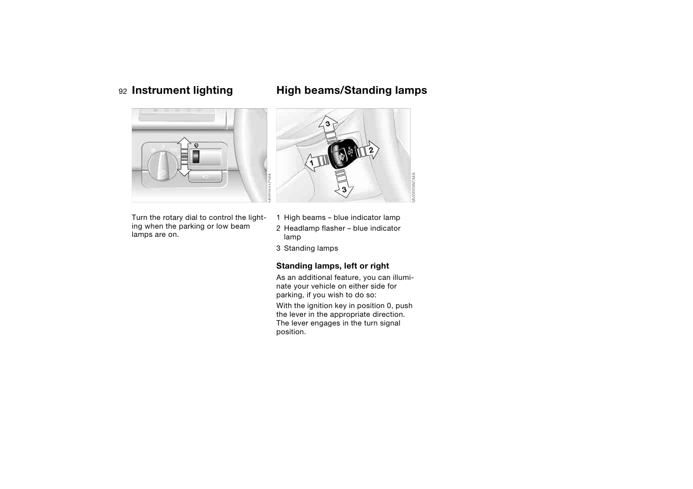 Instrument lighting, High beams/standing lamps | BMW M3 Convertible 2004 User Manual | Page 92 / 174