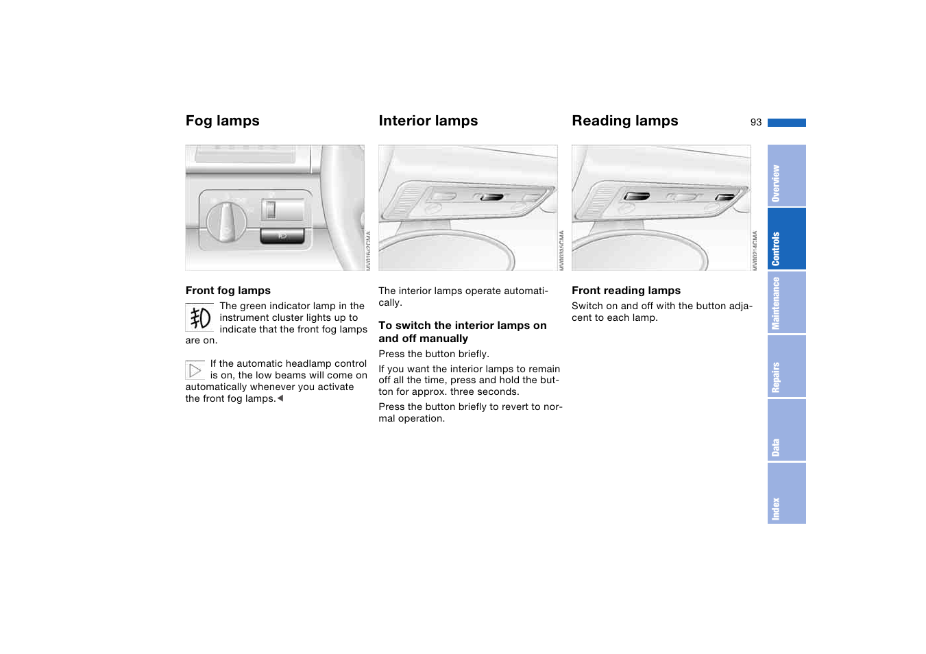Fog lamps, Interior lamps, Reading lamps | BMW M3 Convertible 2004 User Manual | Page 93 / 174
